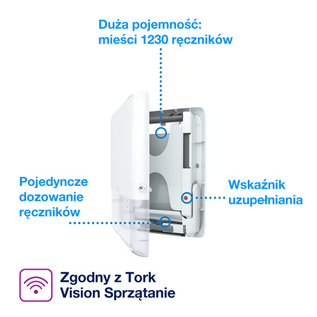 Tork PeakServe® Mini dozownik do niekończących się ręczników, biały, H5, o dużej pojemności, linia Elevation, 552550
