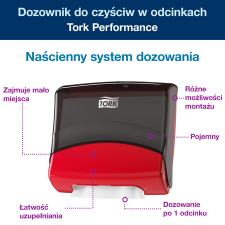 Naścienny dozownik do czyściw w odcinkach Tork W4, czerwono-szary, linia Performance, 654008